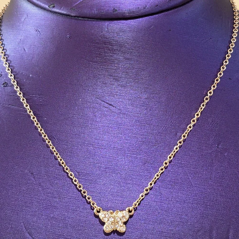 Gold Butterfly Pave Rhinestone Small Gold Chain Pendant Necklace Dainty Small - Picture 3 of 10